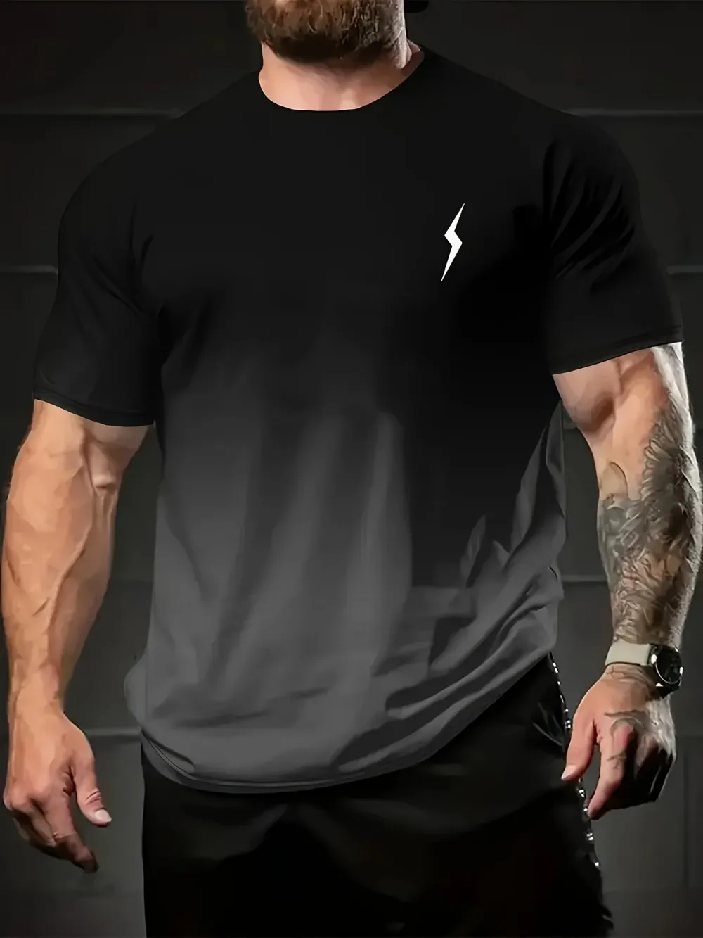 Men's casual style summer gradient lightning print comfortable and breathable round neck T-shirt outdoor fashion top