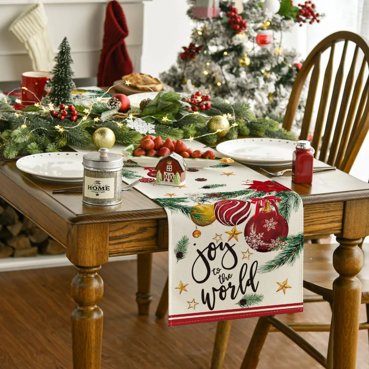 Joy to the World Christmas Table Runner, Xmas Balls, Pine Cone, Winter Holiday, Kitchen, Dining Table, Party Decor, 13x72 Inch