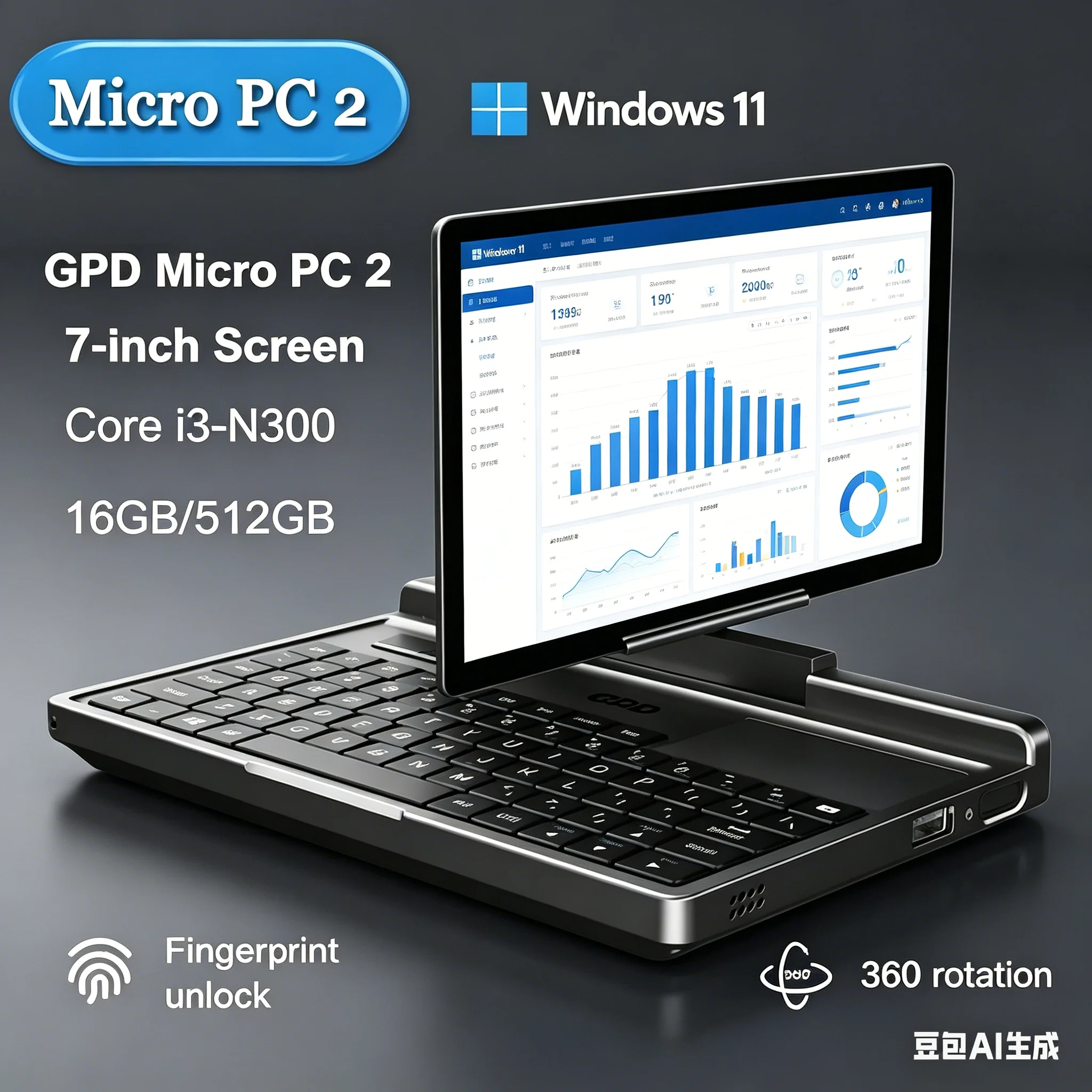 

GPD Micro PC 2 Beastly Handheld Mini Laptop: 7 Blazing Touch Screen, 16GB RAM, 512GB SSD, N300 CPU, Windows 11 Pocket-Sized