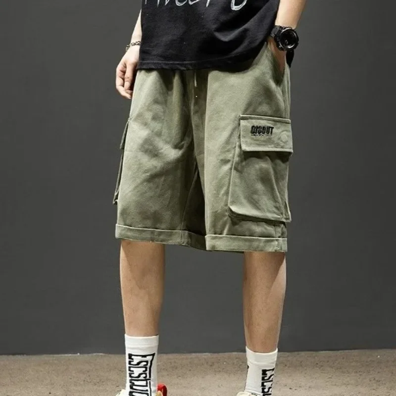 

Мужские шорты-карго с эластичной резинкой на талии, свободные выше колена, однотонные с карманами, мужские короткие брюки с завязками, широкие мешковатые хлопковые повседневные брюки Y2k