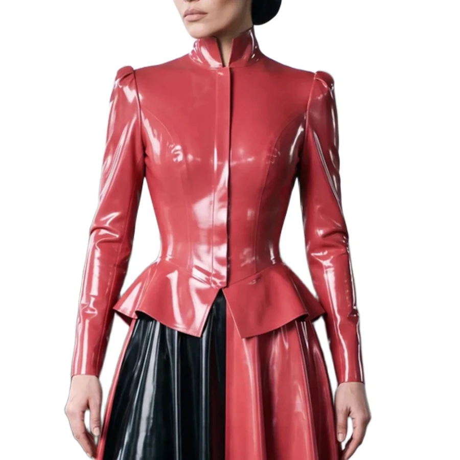 Sexy Latex Peplum Blouses With Hidden Buttons Stand Collar Long Puff Sleeves Rubber Riding Habit Shirts Top Clothing Uniform 436