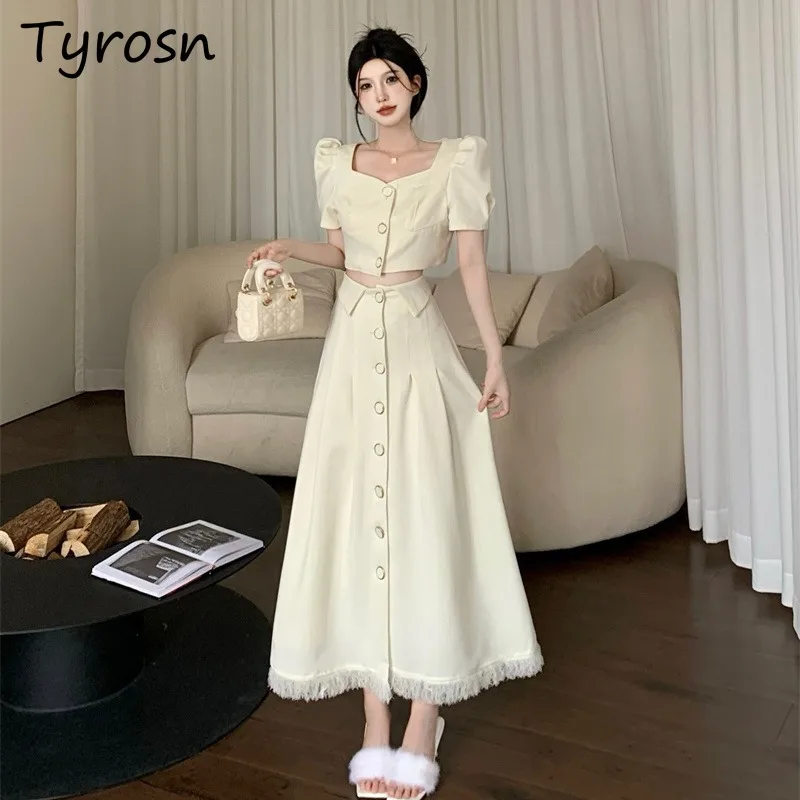 

Sets Women Patchwork French Trendy Summer Puff Sleeve Square Collar Crop Tops A-line High Waist Tassel Design Dress OL Elegant