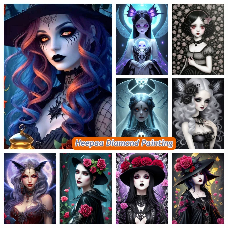 

Gothic Witch Girl With Flowers 5d Diamond Painting Kits Halloween Dark Wizard Woman Horror Art Cross Stitch Mosaic Room Decor