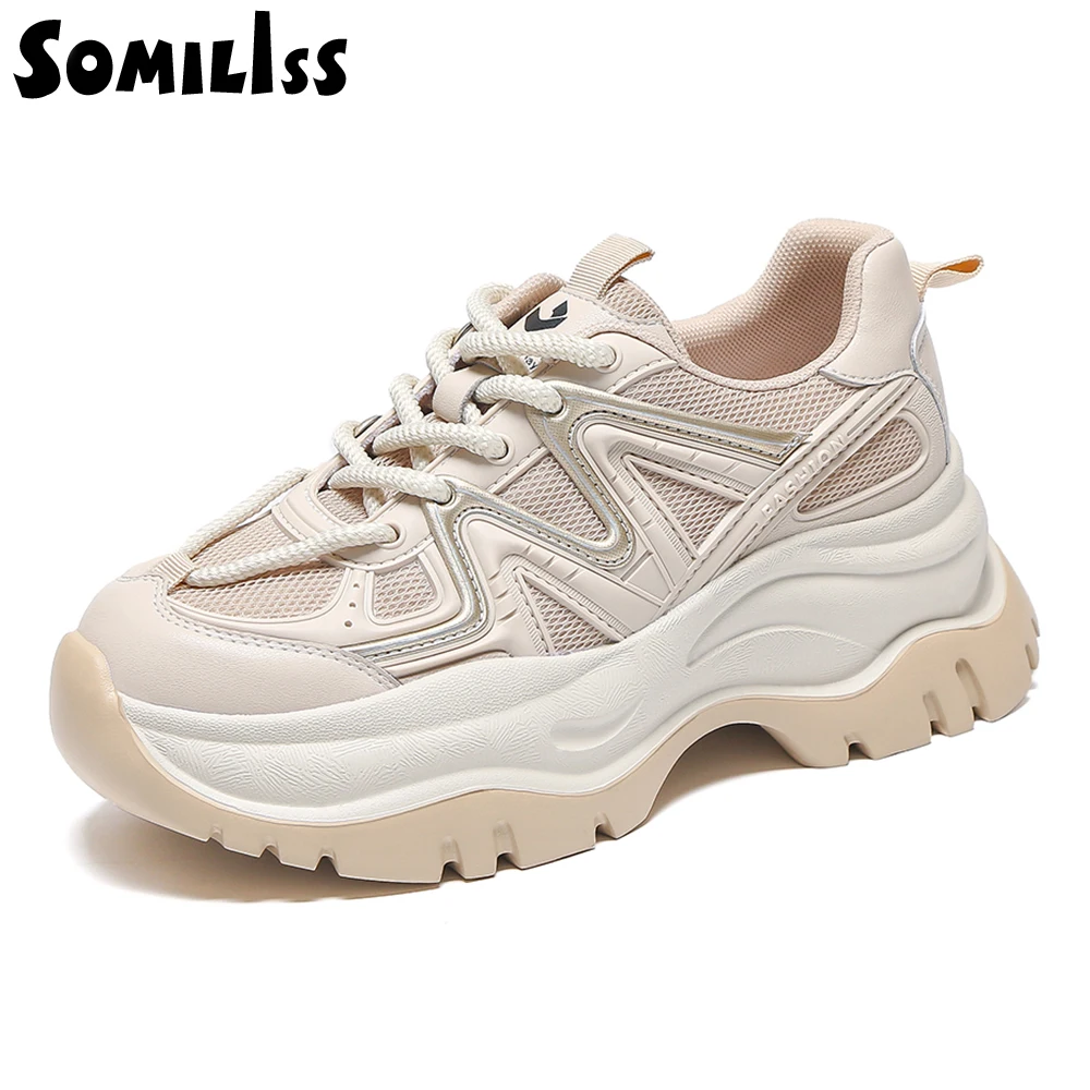 SOMILISS Chunky Platform Sneakers for Women KPU Breathable Mesh Patchwork Ladies Fashion Non Slip Casual Shoes Spring Summer