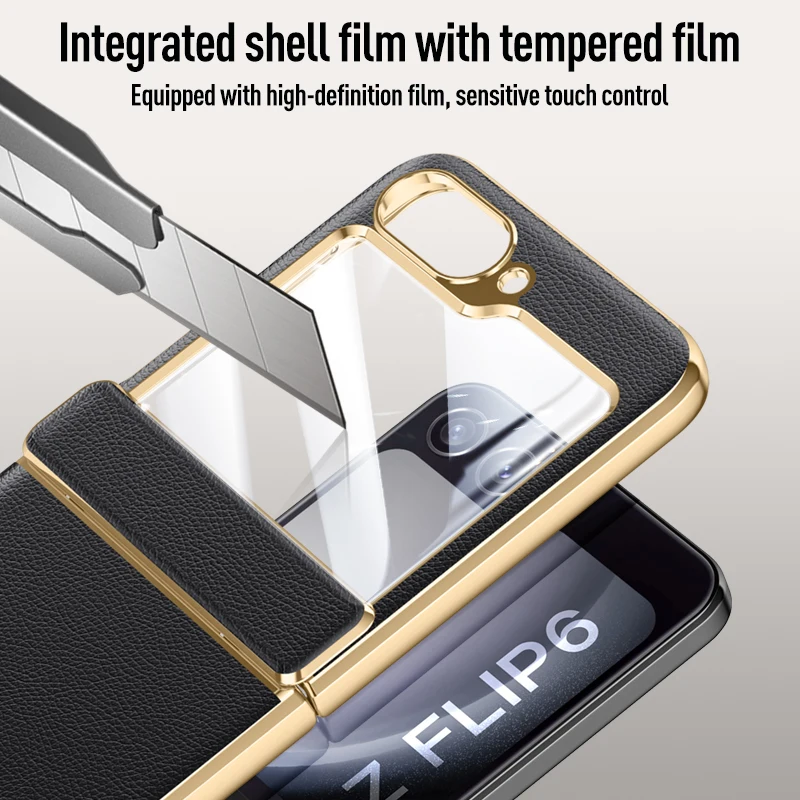 For Samsung Galaxy Z Flip 6 Case Electroplated Skin Friendly Leather Folding Hinge with Tempered Film Shockproof Protection Case