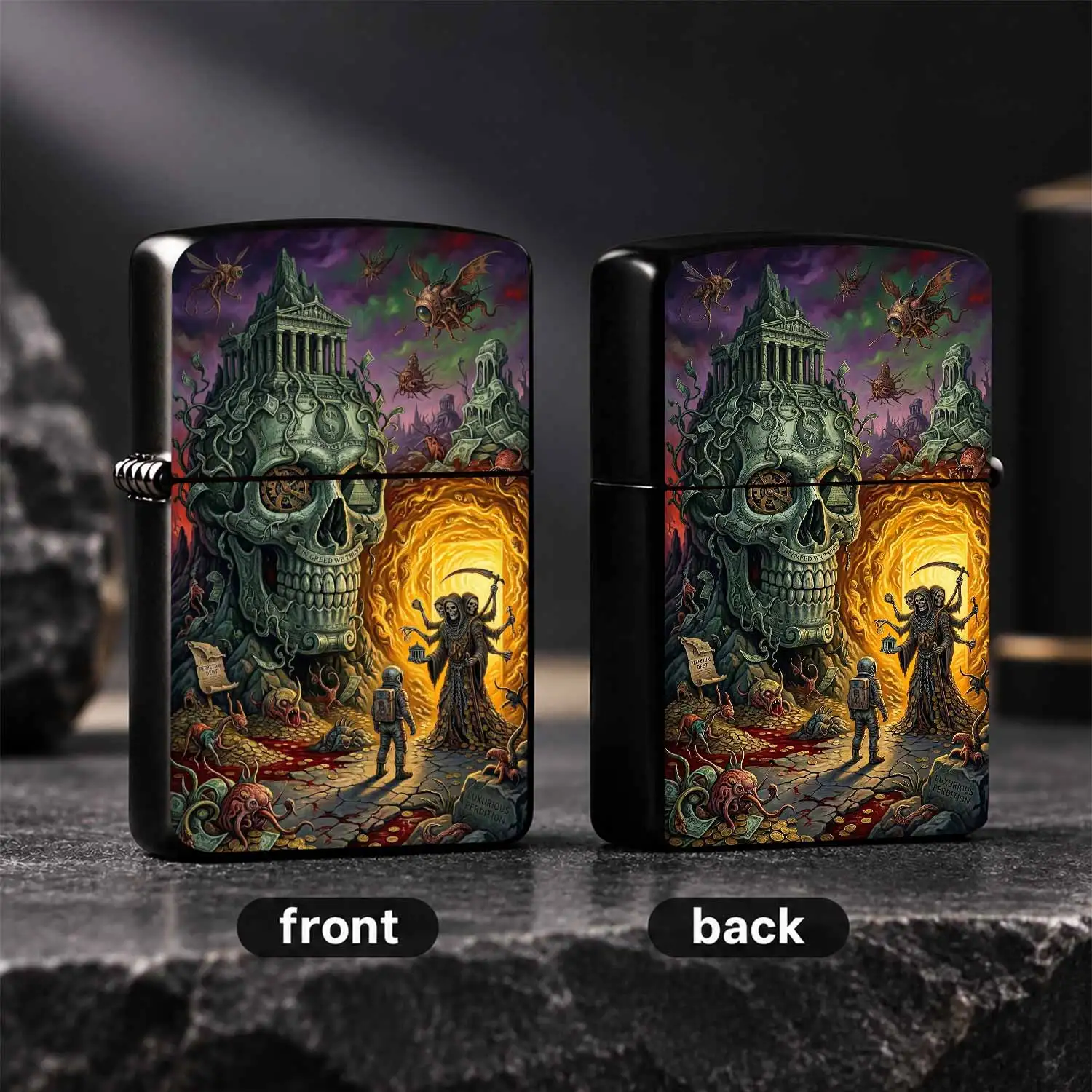 Surreal Dark Greed Theme Art Portable Lighter, Unique Dollar Skull Temple Pattern, Fantasy Surreal Aesthetic Decor, Ideal for Daily Use, Collection, Gifting for Various Occasions  A Humorous And Interesting Lighter