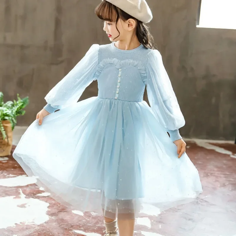 2025 New Girls Autumn Winter Cinderella Style Princess Dress Thick Knit Lace Skirt for Kids Little Girls Winter Party Wear 5
