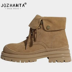 JOZHAMTA Size 35-40 Women Ankle Motorcycle Boots Real Leather Fold Over Short Booties Thick Heels Platform Shoes Fall Winter