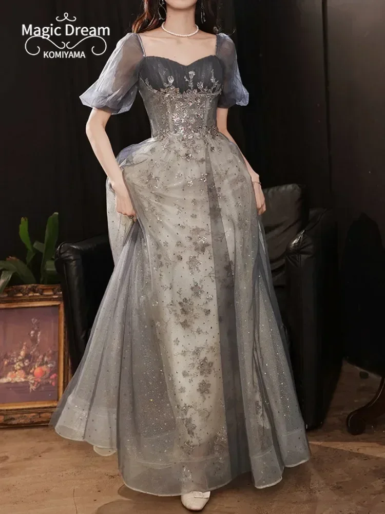 Customized Puff Sleeve Elegant Sequined Evening Dresses Slim Waist Long Wedding Party Robe Square Collar Mesh Tiered Starry Sky