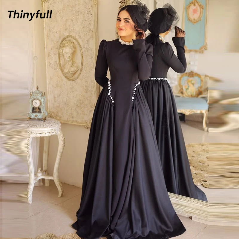 

Thinyfull A-line Satin Prom Dress O-neck Full Sleeves Pearls Evening Dresses Dubai Long 2025 Gown Robe De Soirée Customized