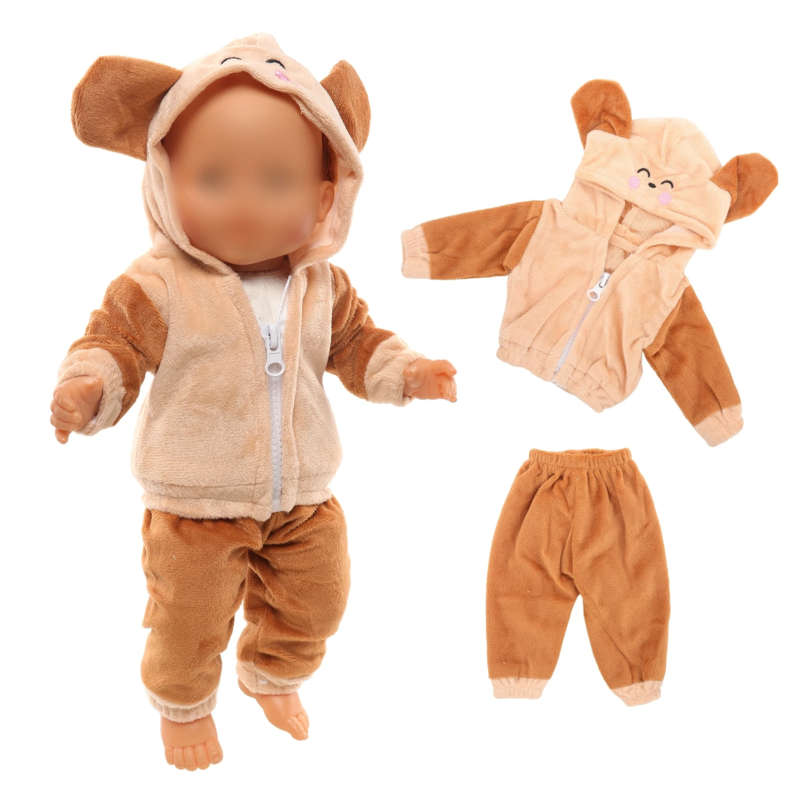 BARWA Doll Clothes Baby Doll Brown Plush Hooded Long Sleeved coat (With Zipper)+Relaxed and Loose Fitting Pants