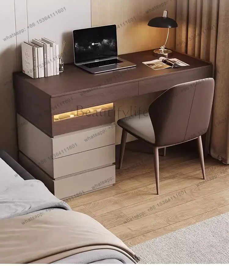 

Italian minimalist solid wood desk bedside table integrated retractable rock slab computer desk