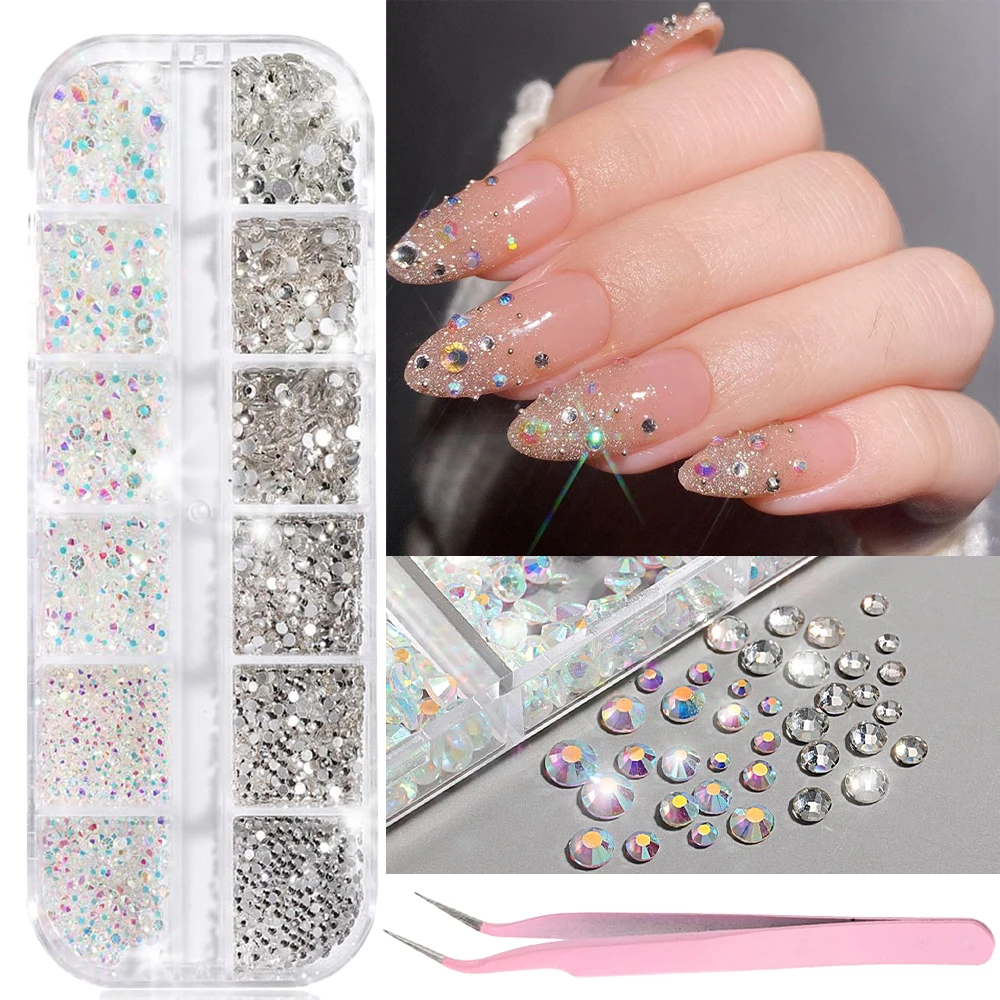 12グリッドABオーロラクリスタルネイルラインストーン3Dシャイニークリアカラーガラスジェムネイルチャームキラキラダイヤモンドストーンネイルアートデコレーション