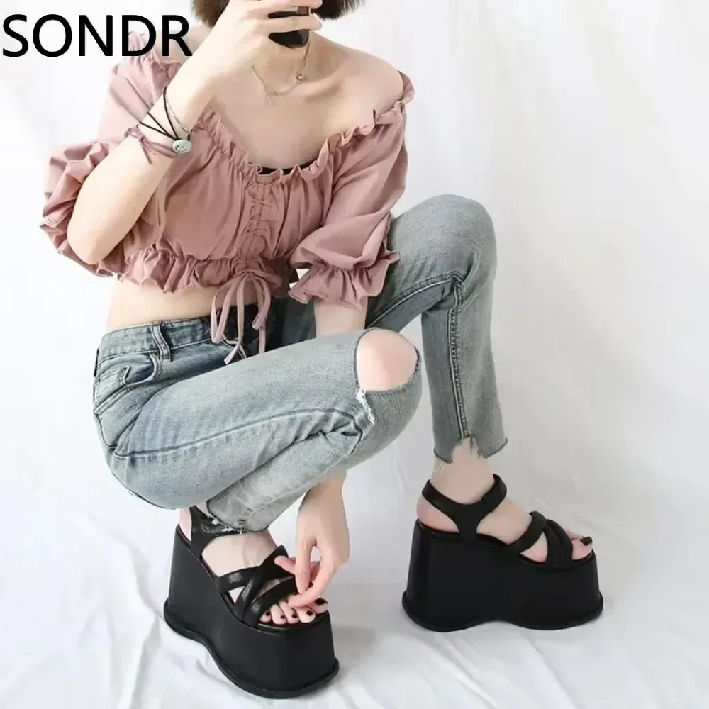 Women Lolita Belt Round Toe Gothic Punk Sandals Shoes Platform Wedge High 12CM Heel Creepers Japanese Harajuku Dark JK