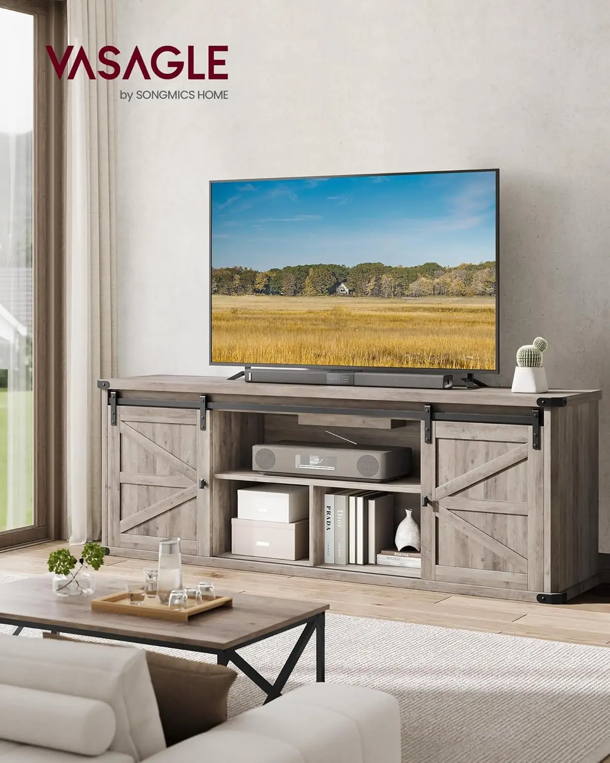 Vasagle Tv Stand For Tvs Up To 75 Inches, Farmhouse Entertainment Center With Sliding Barn Doors, Tv Console Table For Living