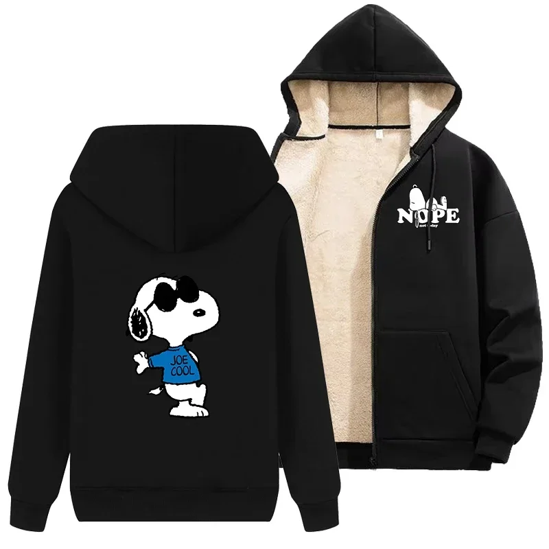 Snoopys Hooded Sweatshirt for Adult Lambswool Thicken Warm Anime Sportswear Zipper Coats Winter Women Men Clothes Birthday Gift