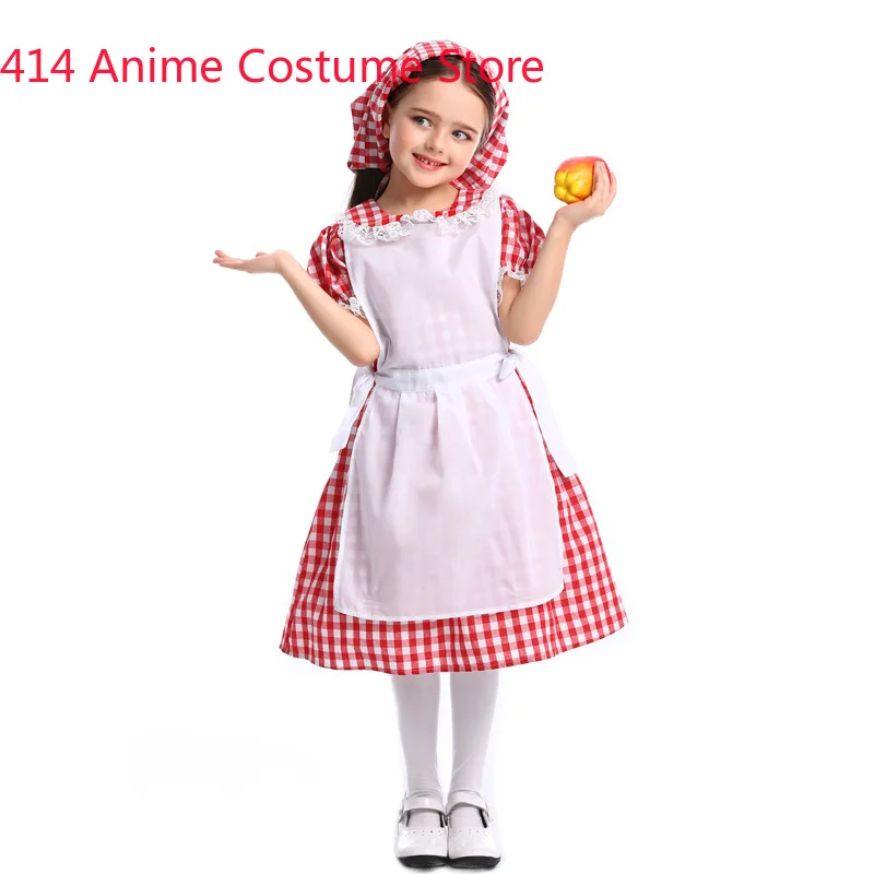 Red Grid Colonial Village Girl Pioneer Prairie Dress Oktoberfest Waiter Maid Costumes Halloween Party Mardi Gras Cosplay