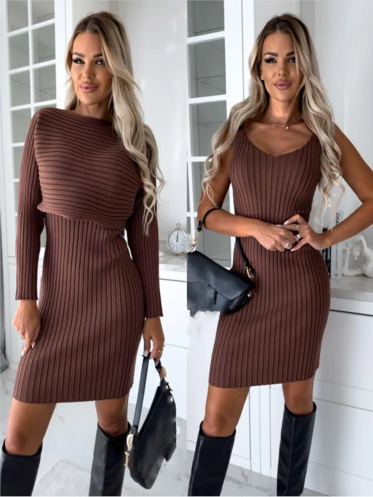 Dress For Women New Winter Fashion Slim Fit Sexy Solid Two Piece Mid Length Women Elegant Knitted Pit Stripe Dress Vestido