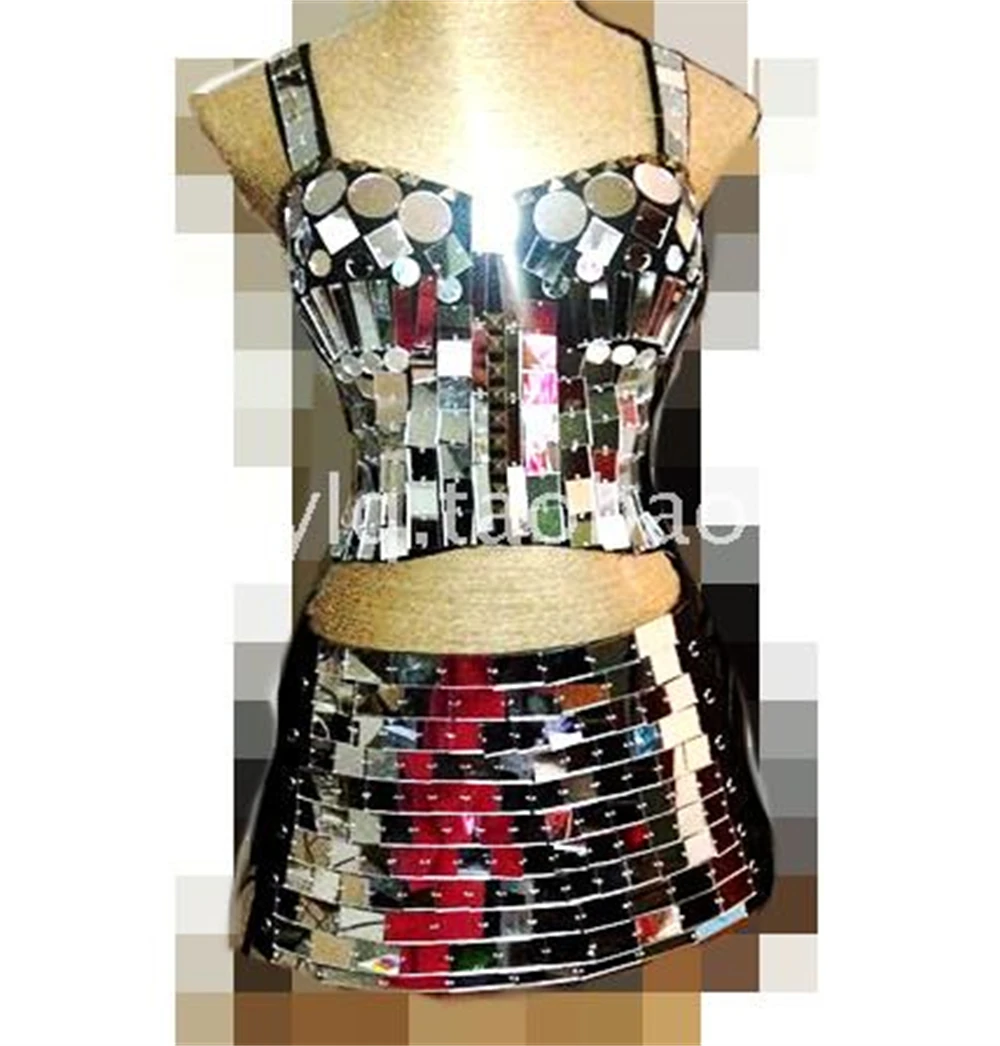 New Shiny Mirror costumes 2-piece set of pure handmade navel sling reflective lens corset/short leather skirt Set nightclub DS