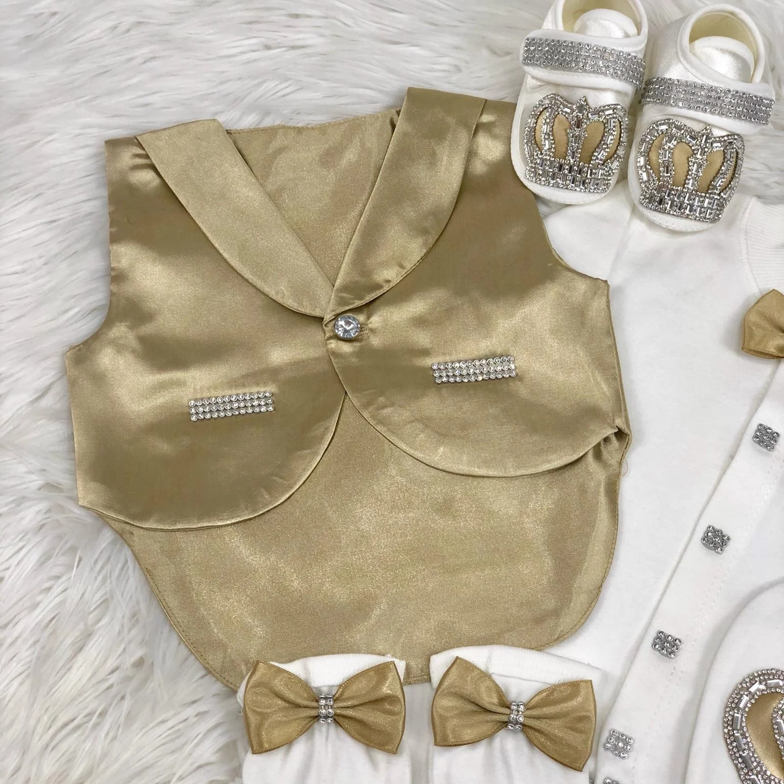 Dollbling 5 Pcs Gold Baby Romper Set With Vest Long Sleeve Bubble Wholesale Custom Newborn New Design High Quali