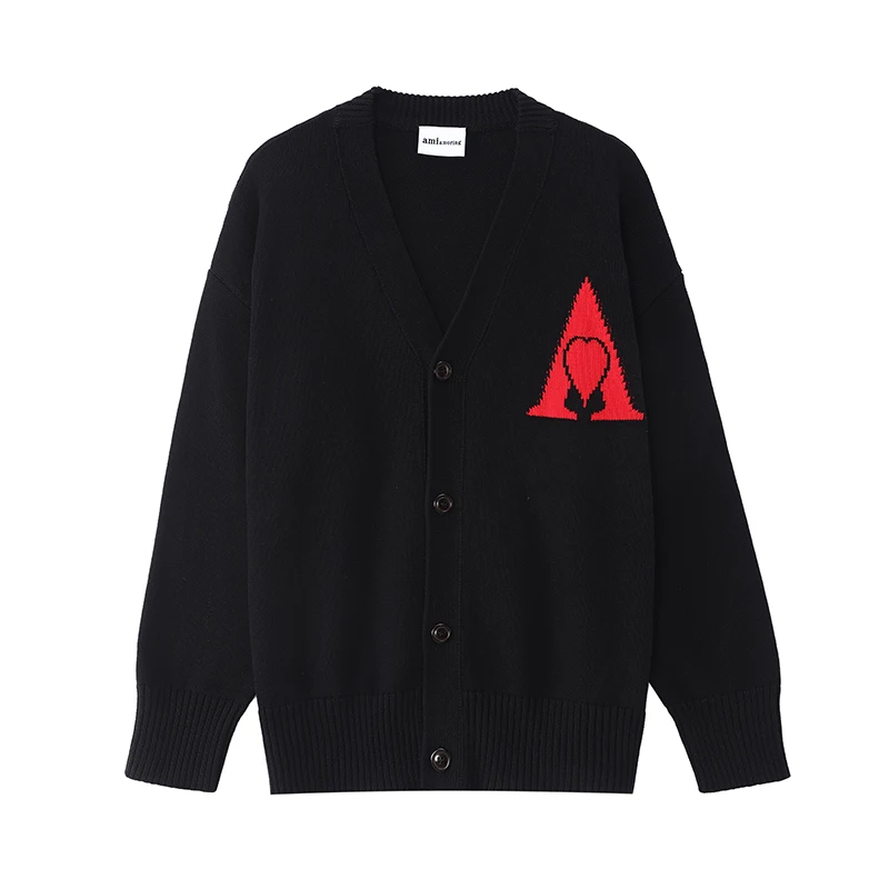 100% 순수 코튼 하이 엔드 디자이너 브랜드 love A 자수 남성 니트 스웨터 카디건 가을 캐주얼 홈 재킷 AMI AMORING