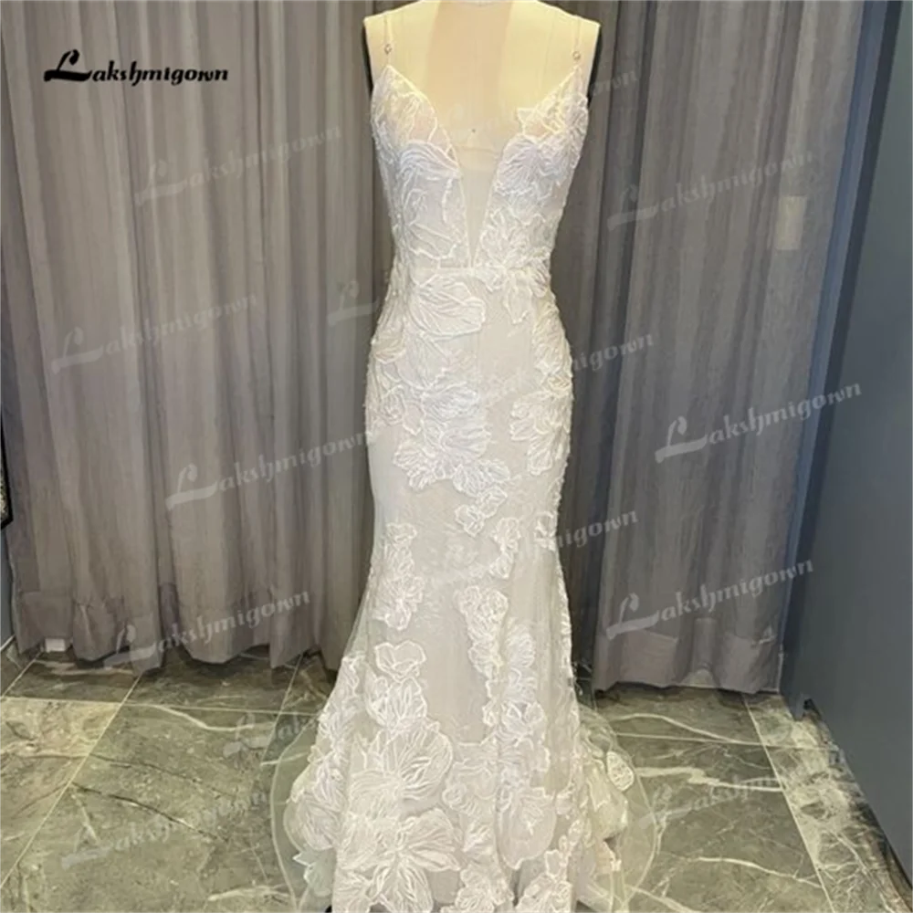 Lakshmigown V Neck Mermaid  Wedding Dress 2025 Backless Lace Spaghetti Straps Wedding Gown vestidos de noche elegantes vestidos