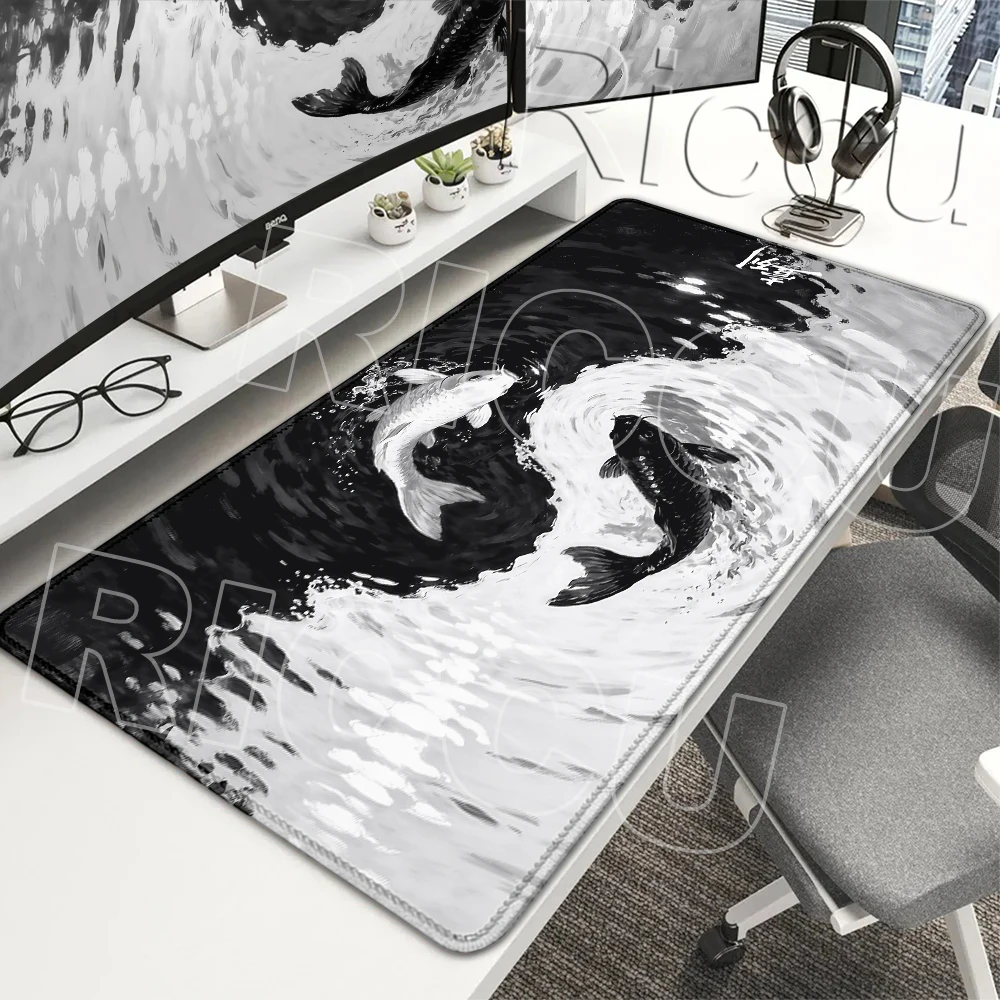 Japanese Desk Mat Black & White Rubber Mouse Pad Koi Fish Japan Art Seal Yin-yang Fish tapis de souris XXL Gaming Cabinets Decor