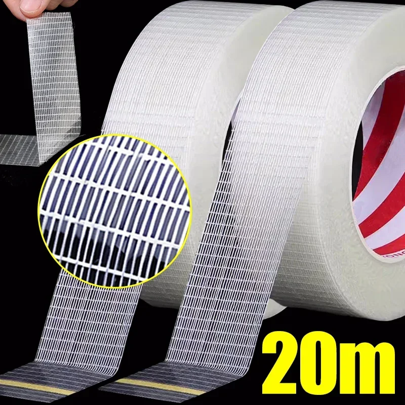 20M Fiberglass Adhesive Mesh Tape Waterproof Transparent Single Side Grid Tape Strong Reinforced Strapping Packing Fiber Tape