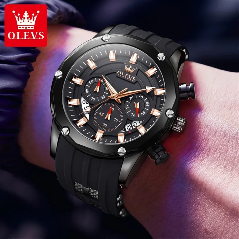 OLEVS 9991 Business Men Quartz Watch Luxury Original Date 45mm Large Dial Chronograph Waterproof Silicone Strap Sports Men Watch