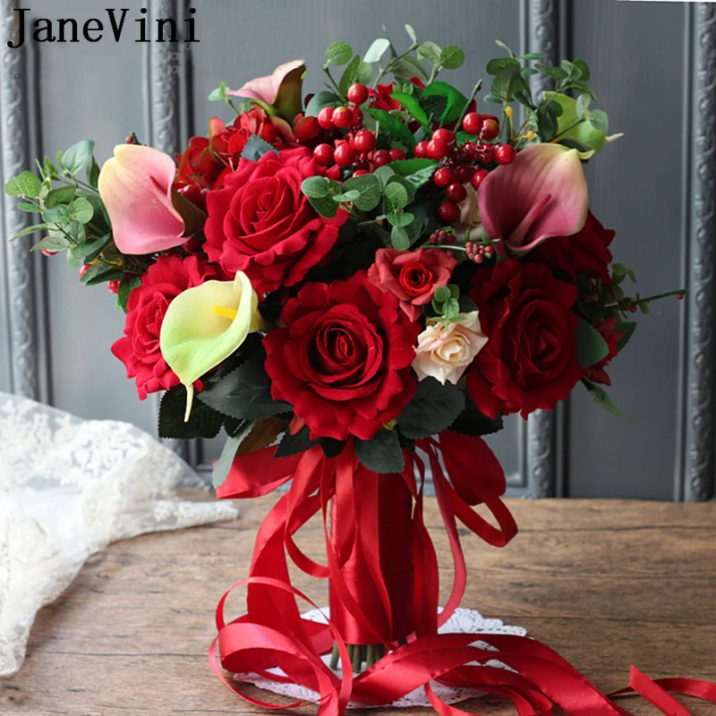 

JaneVini Retro Red Wedding Flowers Bridal Bouquets for Hand Artificial Fake Berry Calla Lily Wedding Bouquets Accessories Bride