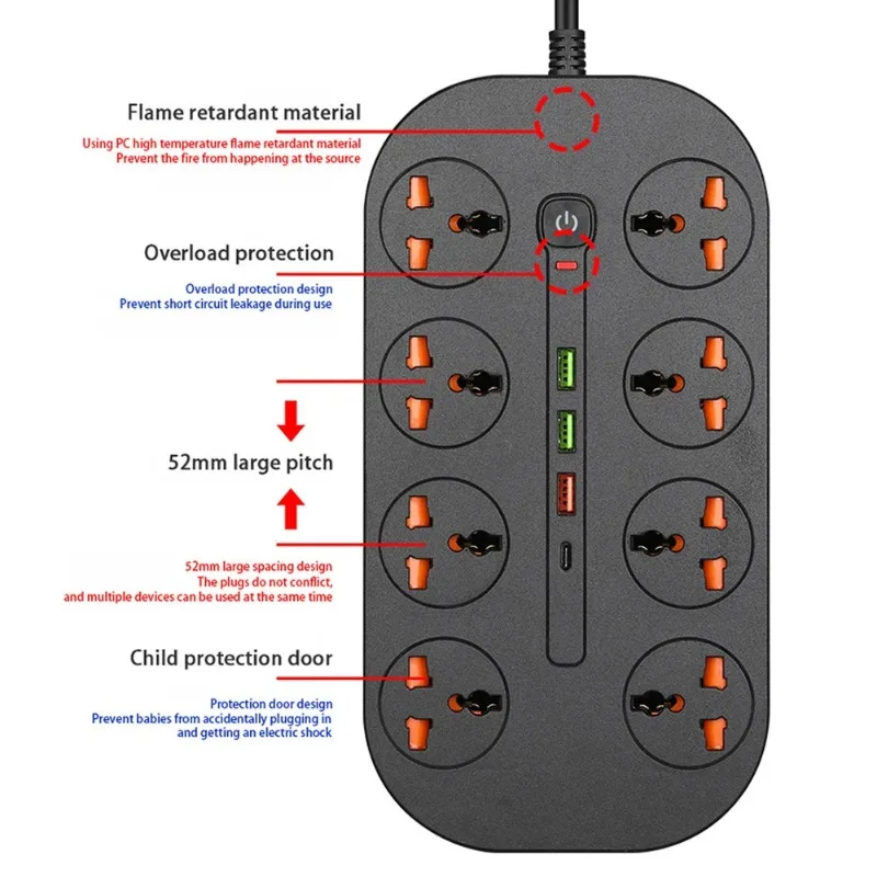 Universal Power Strip Socket With Extension Cable USB Type-C Port For EU US UK Plug AC Outlet Multiprise Network Filter Adapter