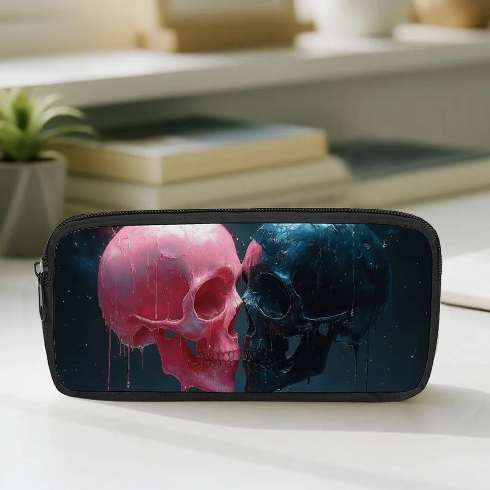 

1 Gothic Bloody Skull Pencil Case - Pink and Black Zipper Large Capacity/Office Pen Holder, Durable Bag,Horror Themed Stationery