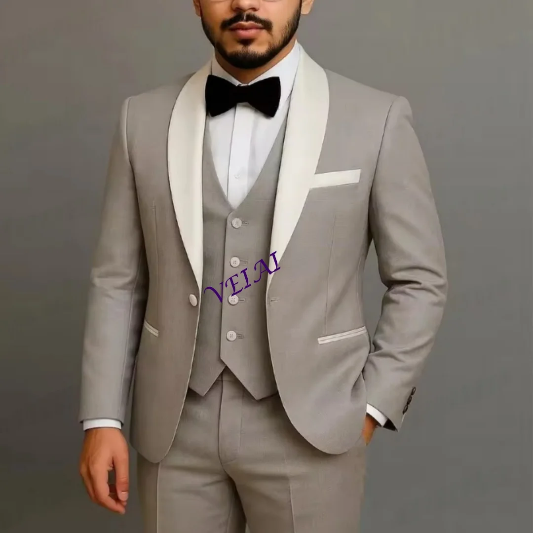 

CustomizedWhite Collar Grey Men Suit Formal Occasion Groom Groomsman Wedding Party Prom Male Tuxedos 3 Piece Set Blazer Vest Pan
