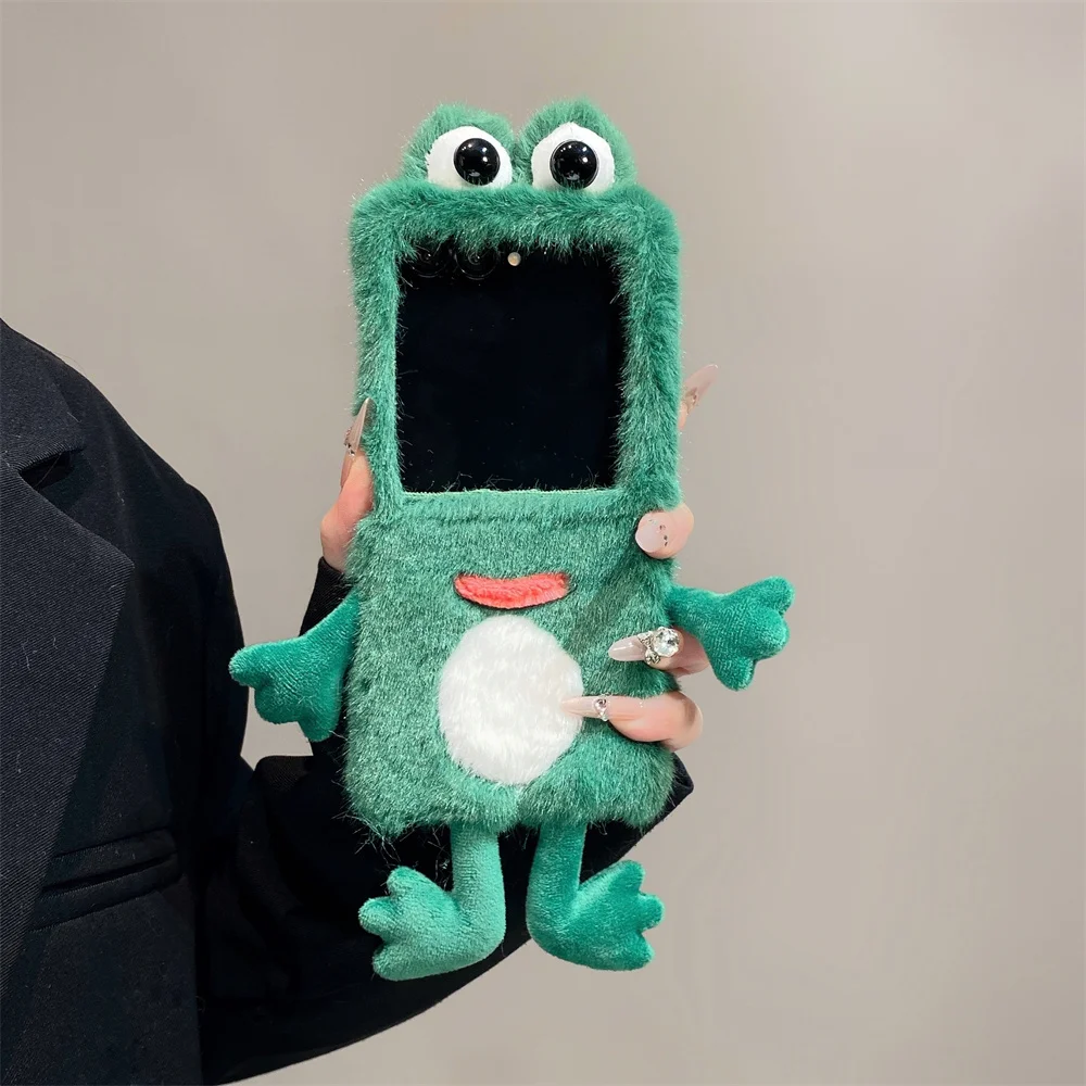 Funny Fuzzy 3D Frog Googly Eye Phone Case for Samsung Galaxy Z Flip 8-3 Fold 8-3 Ultra Cute Limbs Dangling Cartoon Plush Cover