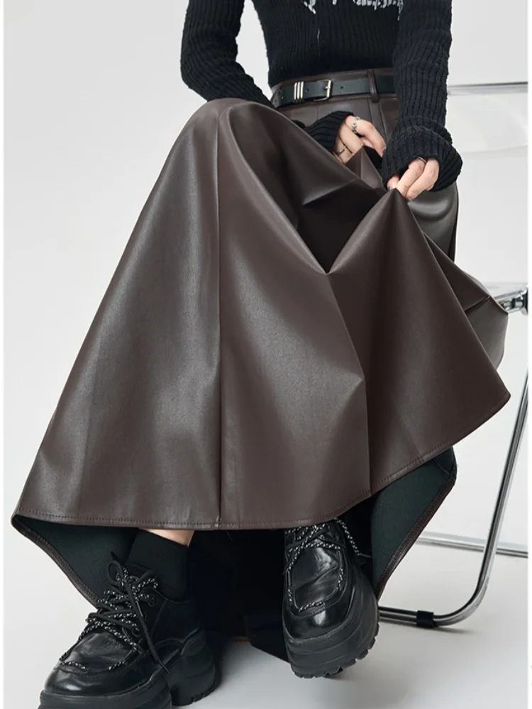 2025年新作 レディース PUレザー スカート 秋冬 プリーツ Aライン ハイウエスト 細見え ゆったり カジュアル ロング丈 アンブレラスカート