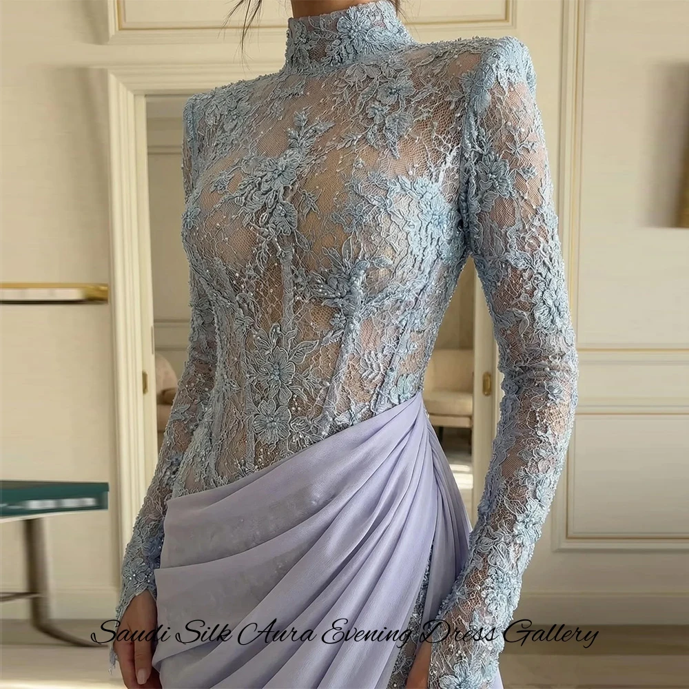 Classic Long Sleeves High Collar Evening Dress Customized Mermaid Appliques Celebrity Gowns High Quality Lace Vestido De Festa image 6