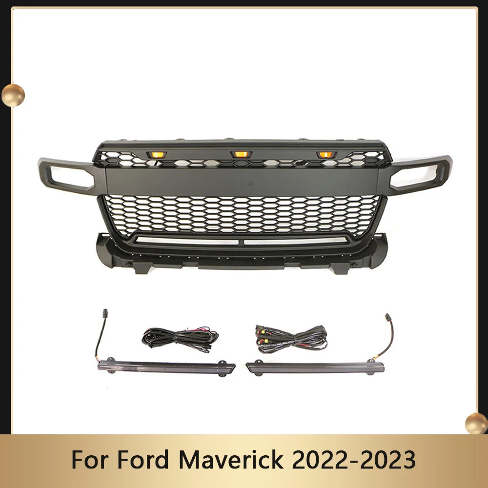 

Front Bumper Upper Grille Grill Mesh Grid Fits For Ford Maverick 2022 2023 With LED Bar With LED Lights Car Accessories ABS