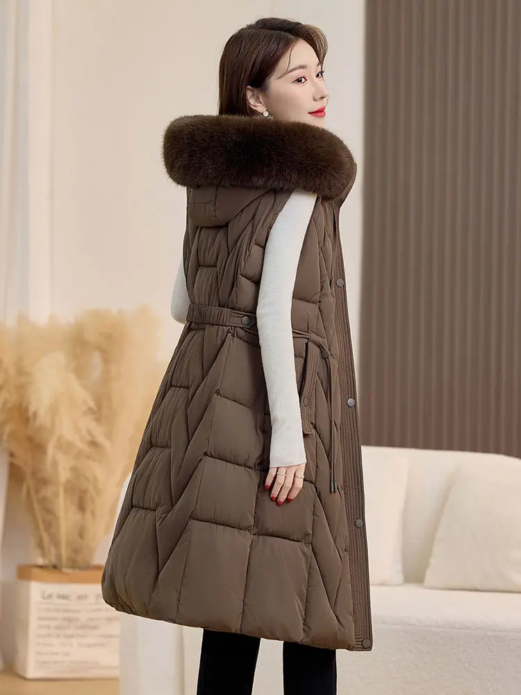 Vielleicht 2025 New Autumn Winter Cotton Down Vest For Women Solid Puffer Padded Vest Sleeveless Fur Hooded Jacket Warm Coat