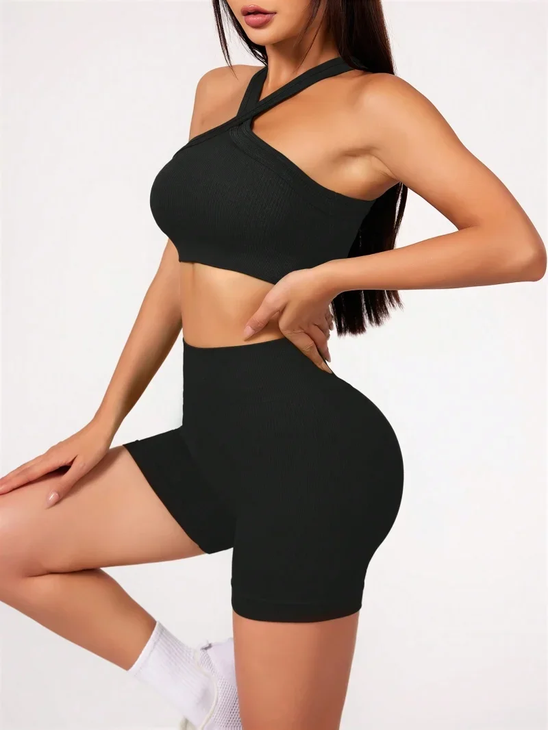 2 قطعة مجموعات اليوغا عارية يشعر الصالة الرياضية مجموعة النساء تجريب الملابس عالية الخصر اليوغا السراويل و Strappy الرياضة الصدرية مجموعات قصيرة الصيف