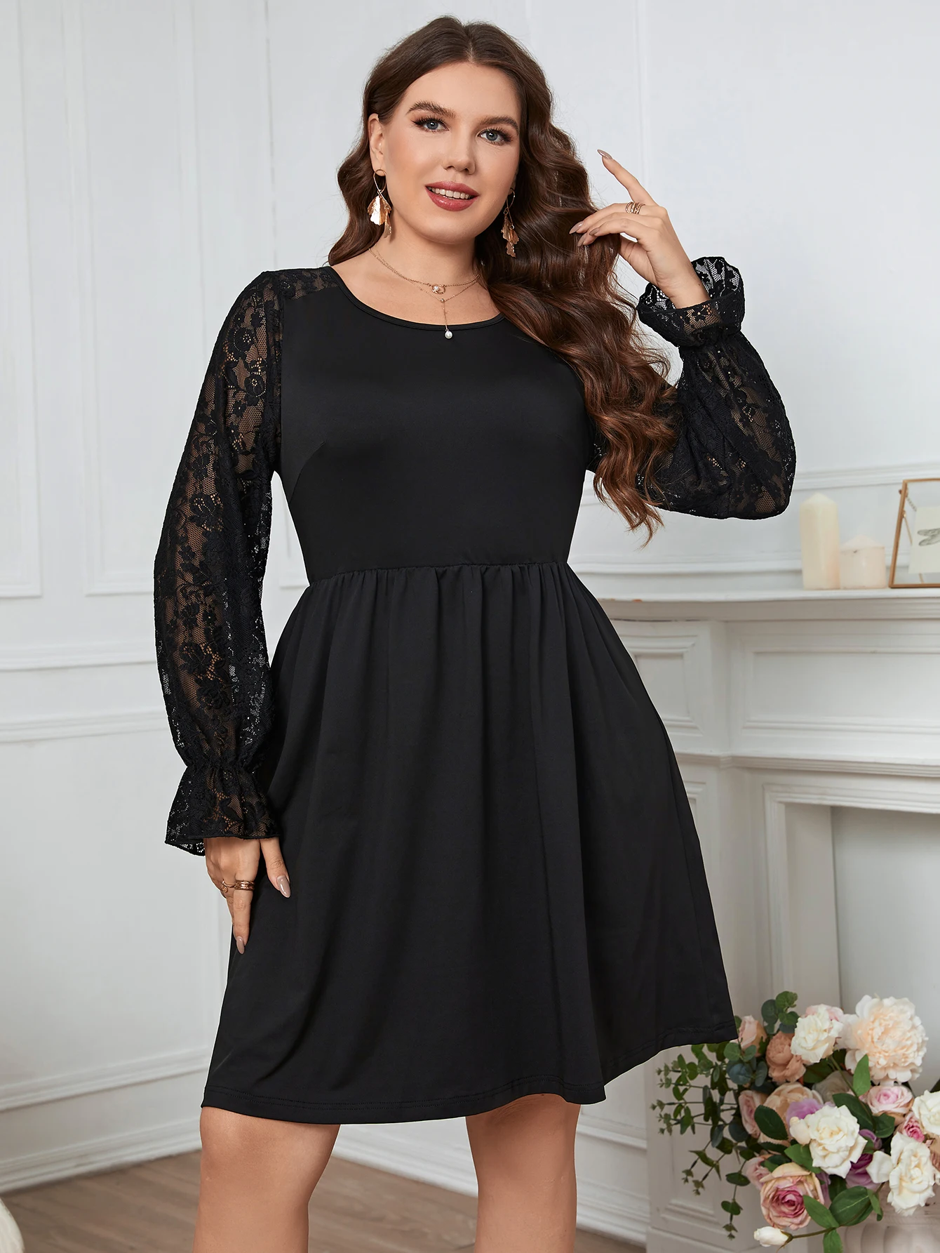 KEBY ZJ Plus Size Women Clothing Elegant Lace Puff Long Sleeve Party Dresses Black Chiffon Polyester Short Big Size Female Dress