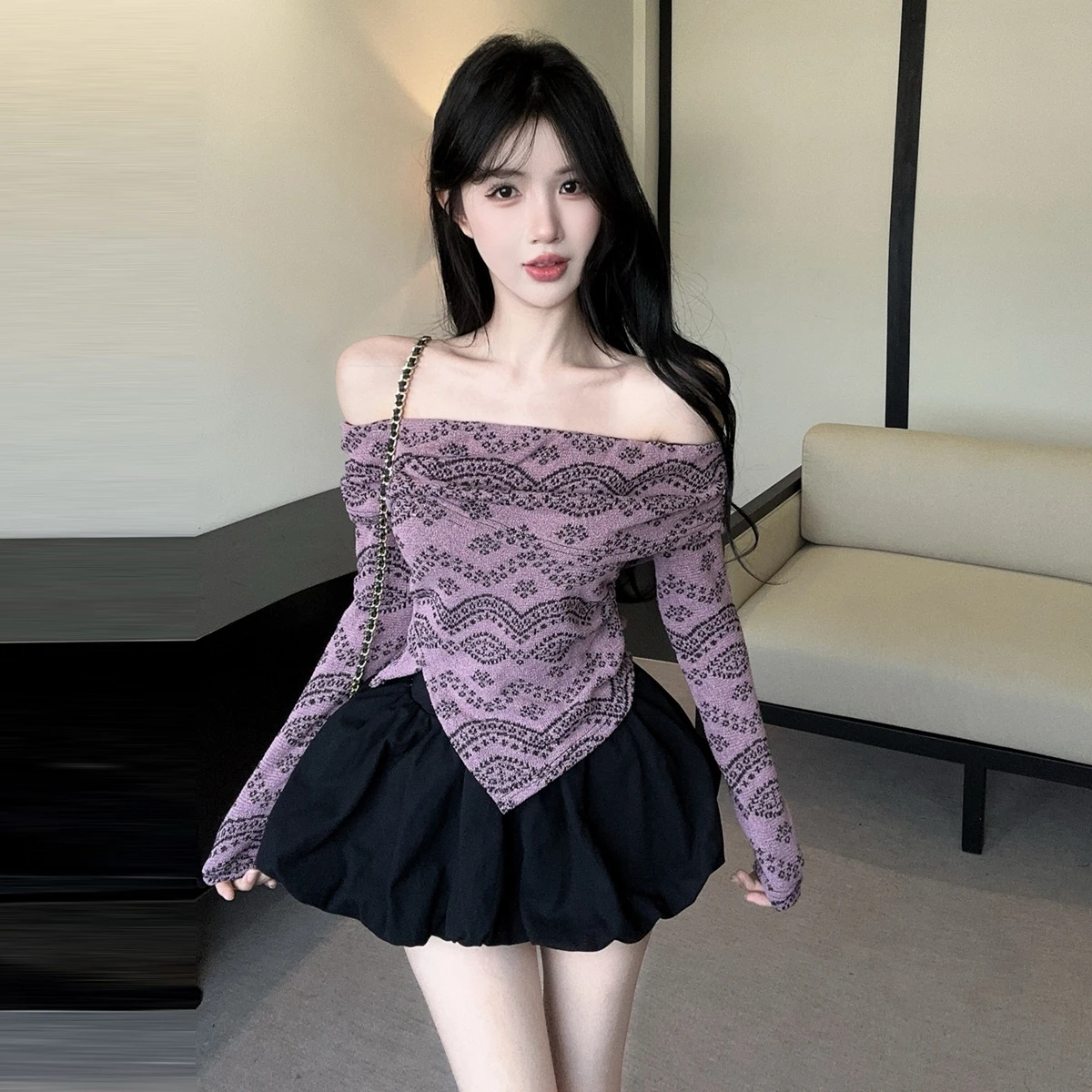 

Сексуальный комплект из трикотажной юбки с высокой талией и пышной юбкой-бутоном и топа на одно плечо для женщин, зимний модный образ