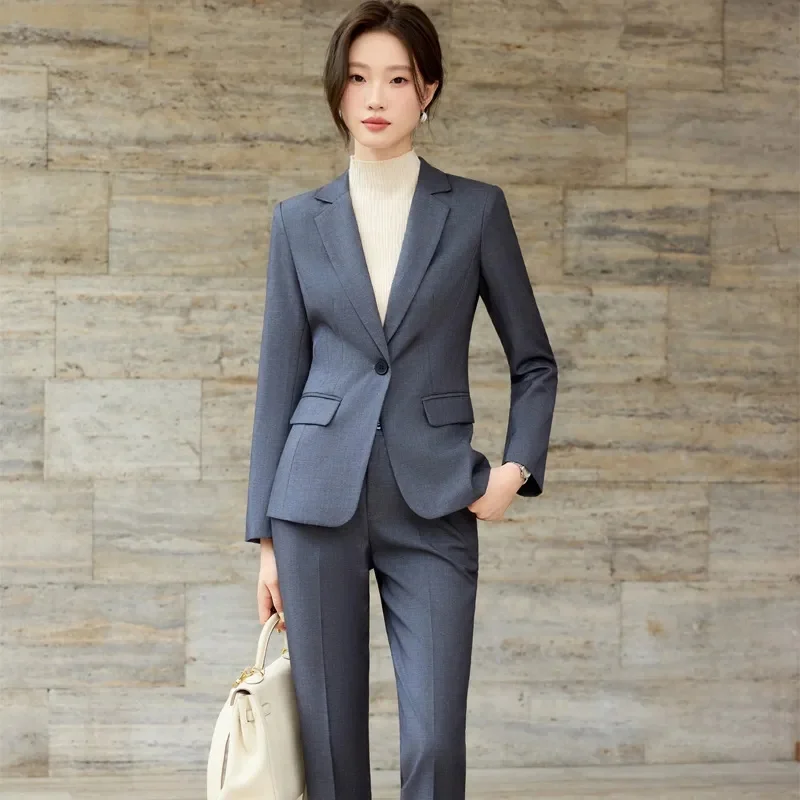 Two-piece suit, solid color single-button long-sleeve single-breasted jacket tailored trousers workwear commuter ensemble