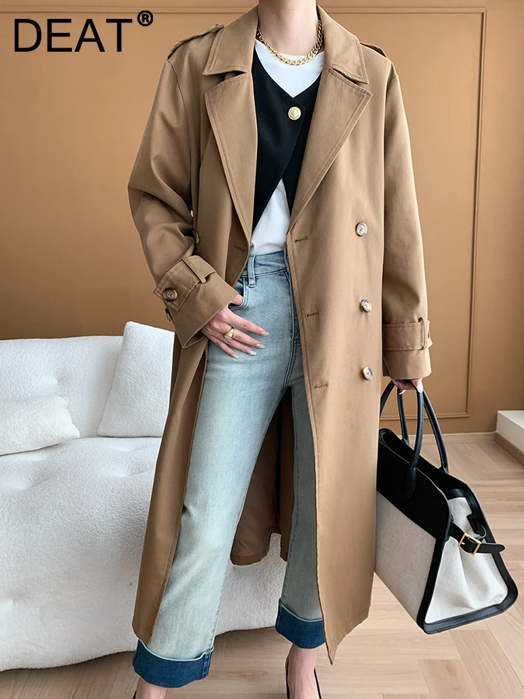 

DEAT fashion women's trench coat lapel long sleeves double breasted khaki ajustable waist windbreaker autumn 2024 new 7AB4849