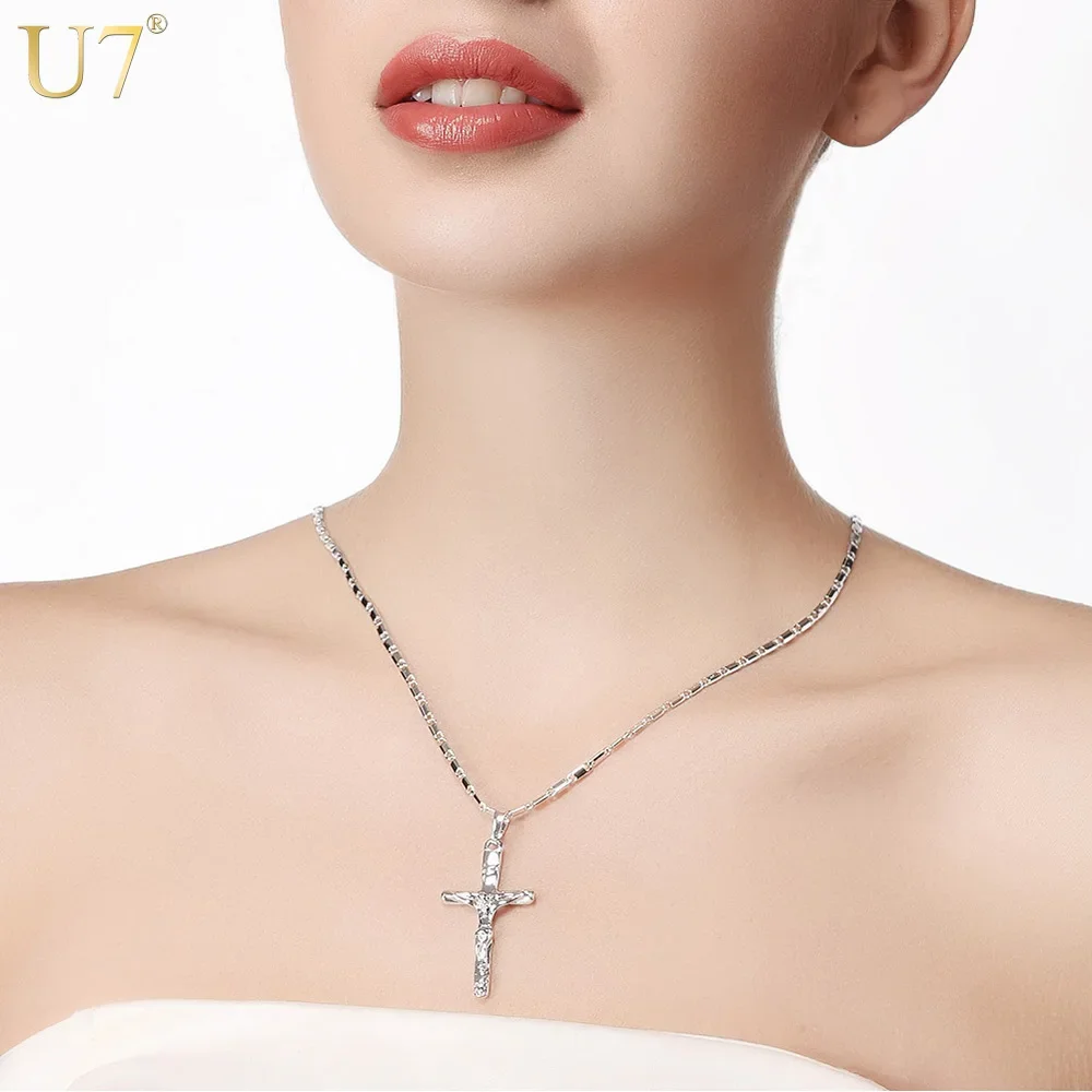 U7 Jesus Cross Goddess Necklace & Pendant Women Christmas Gifts Silver Color Catholic Christian Jewelry QC24