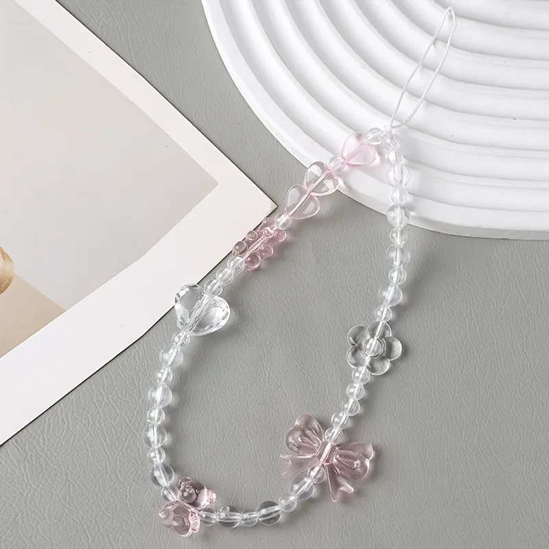 Korean Cute Pink Bowknot Bear Heart Beaded Phone Chain Charm Lanyard For iPhone Samsung Hanging Rope Girl Jewelry Decoration