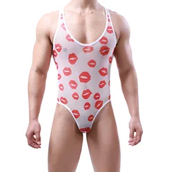 Lipstick Mesh Bodysuits Transparent Men Underwear Sexy Wrestling Singlet Gay Jumpsuits Mankini Jockstrap Bulge Pouch One-piece