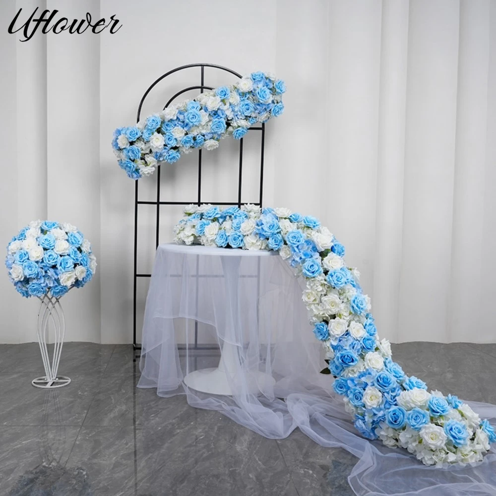 

Uflower Blue White Artificial Flower Ball Rose Hydrangea Plants Flower Row Runner Wedding Backdrop Decor Floral Wall Party Props