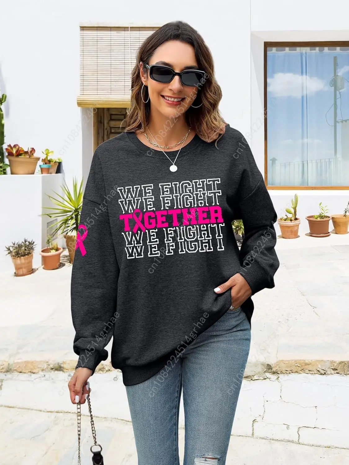 เสื้อสเวตเชิ้ตเพื่อการตระหนักรู้เรื่องมะเร็งเต้านม เสื้อสเวตเชิ้ตสีชมพูสำหรับผู้หญิง เราต่อสู้ไปด้วยกัน เสื้อยืดพูลโอเวอร์สำหรับผู้เอาชีวิตรอดจากมะเร็งเต้านม