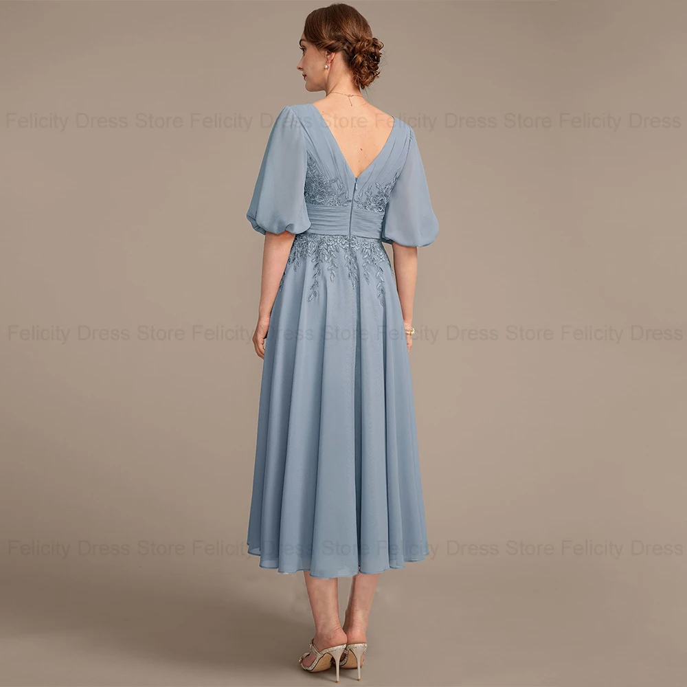 FELICITY Elegant Chiffon Mother of the Bride Dress 2024 A-Line V-Neck Tea-Length Dusty Blue Wedding Guest Party Dresses Pleated