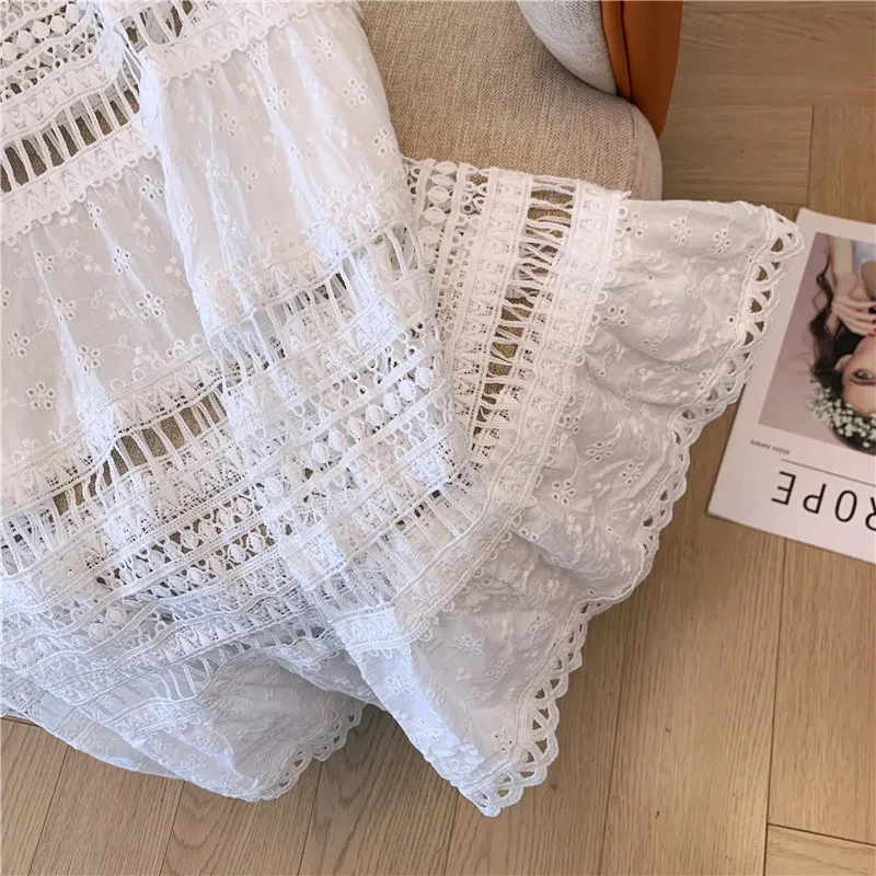 Embroidery Eyelet Cut-out Maxi Skirt White Cotton Semi Sheer Flowy Long Skirt Women Boho Summer Vacation Fairycore Outfit